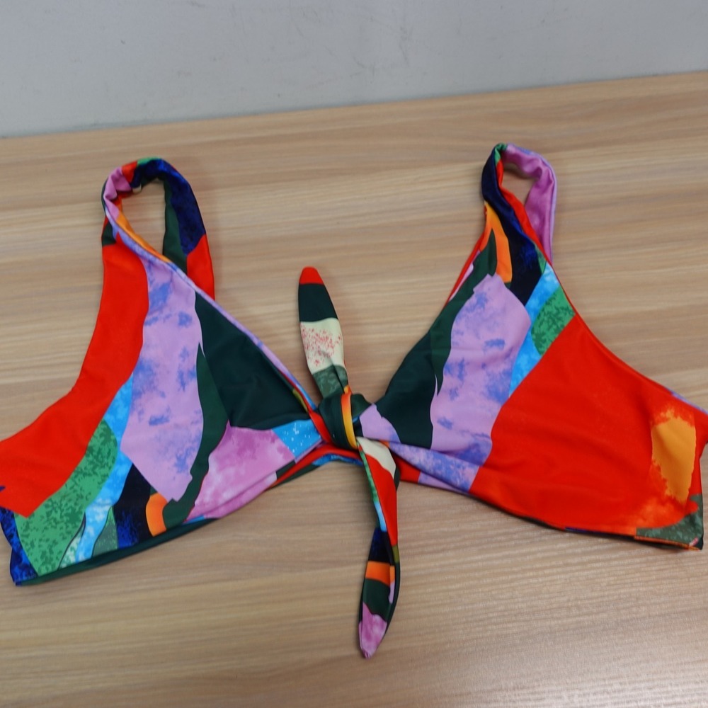 Tie Front Bikini Top Womens XL Orange Purple Abstract Bralette Swimwear Summer